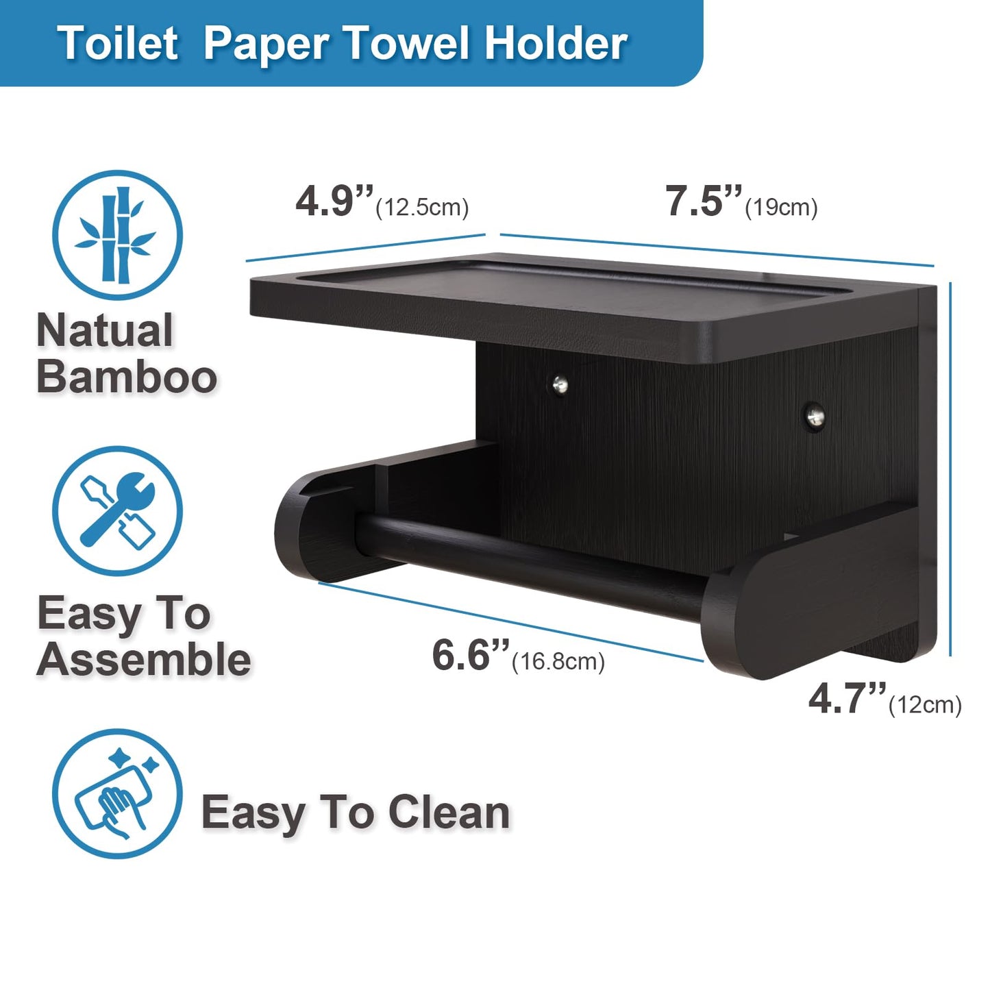 VERTORGAN Toilet Paper Holder with Phone Shelf,Bamboo Wall Mounted Tissue Roll Holder for Bathroom(Black)