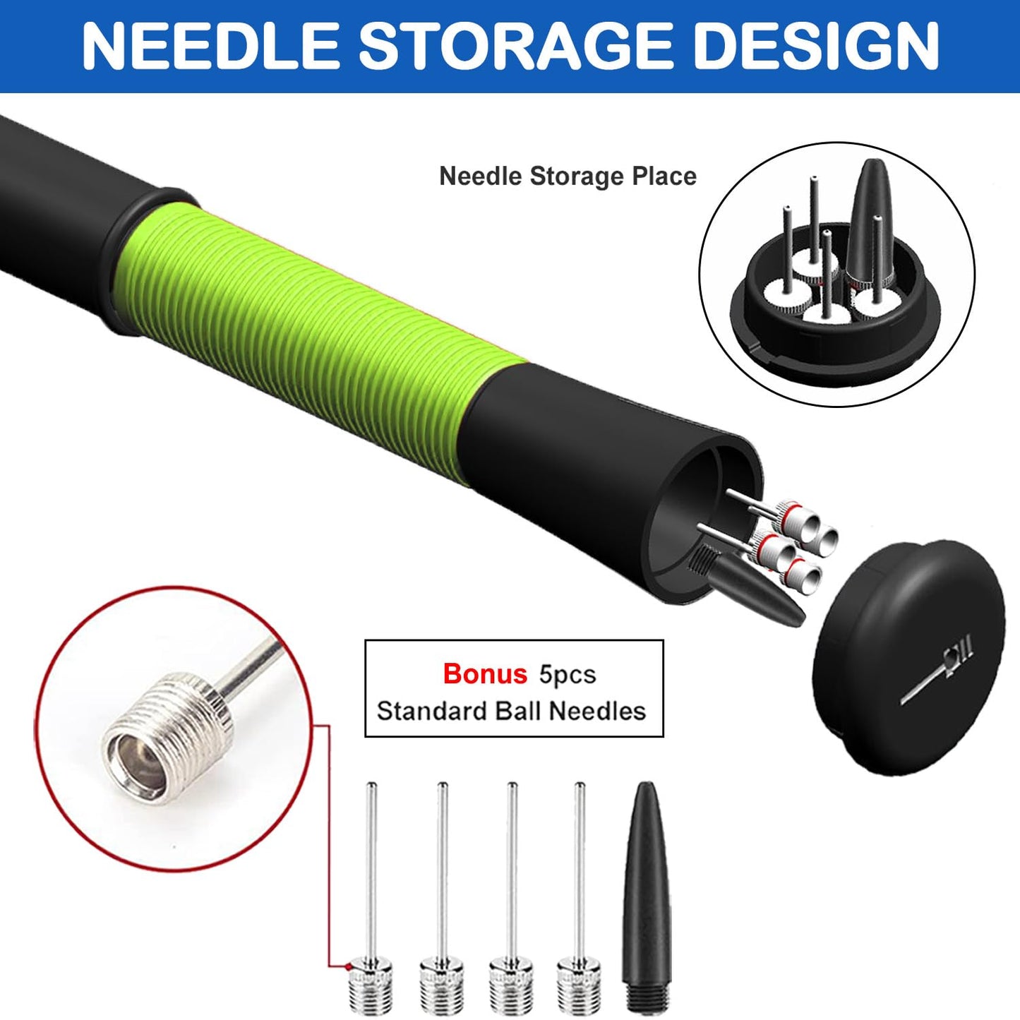 Ball Pump with Needle Storage, 5 Needles & Extension Hose for Sports Balls