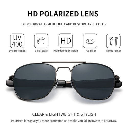 IOHLNG Mens Aviator Sunglasses Polarized Lense Square Metal Frame Military Pilot Shades 55mm with Bayonet Temples for Women,Gunmetal Frame