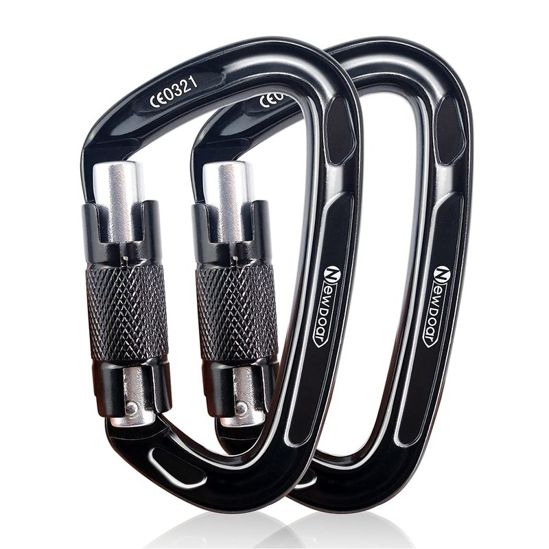 NewDoar 24KN Auto Locking Climbing Clips D-Shaped Heavy Duty for Camping, Hiking, Swing, Hammock(Black/2Pcs/24kn)