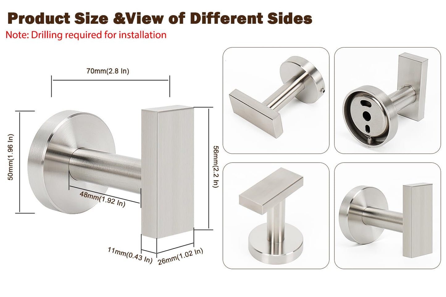 Siyzda Towel Hooks for Bathroom Wall, SUS 304 Stainless Steel Robe Coat Hook, Heavy Duty Towel Hanger for Kitchen Bedroom Living Room, 3 Pack (Brushed Nickel)