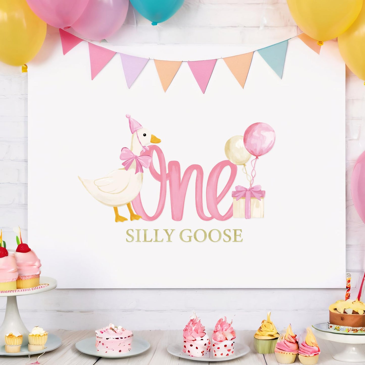 JarThenaAMCS One Silly Goose Party Decal Sign Pink First Birthday Wall Sticker Pink Bow Goose Sweet Party Backdrop Photo Prop for 1st Girl Birthday Balloon Arch