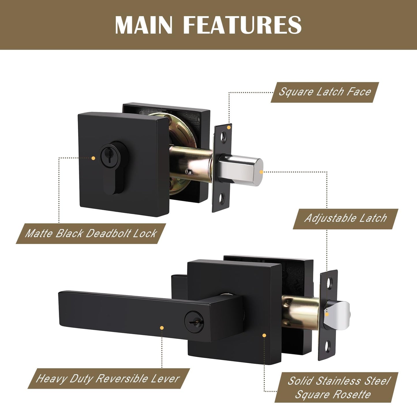 Brotima 2 Pack Keyed Entry Door Lever and Single Cylinder Deadbolt Set, Keyed Alike Reversible Lockset, Matte Black Square Interior/Exterior Handleset for Bedroom, Front Door