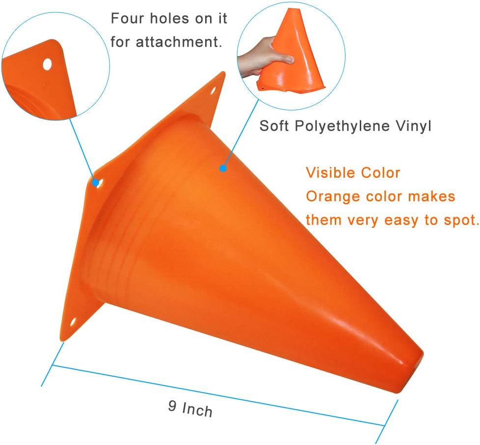 Sport Cones | 9 Inch Plastic Training Traffic Cones for Soccer, Basketball & Football Drills - Set of 10, 12, 15, or 24 in 4 Colors