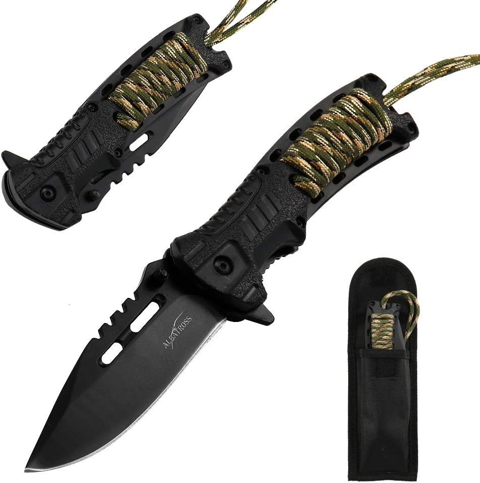 ALBATROSS Camping Pocket Knife - 3.5" Black Blade, 4.75" Handle, Built-in Fire Starter & Whistle | EDC Tool (Green)