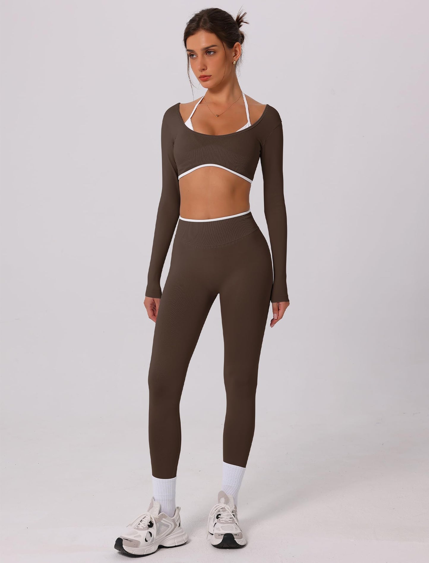 ABOCIW Long Sleeve Workout Sets for Women 2 Piece Seamless Color Block Backless Cropped Top Scrunch Butt Lifting High Waist Leggings Gym Set Yoga Pilates Outfits Coffee Small