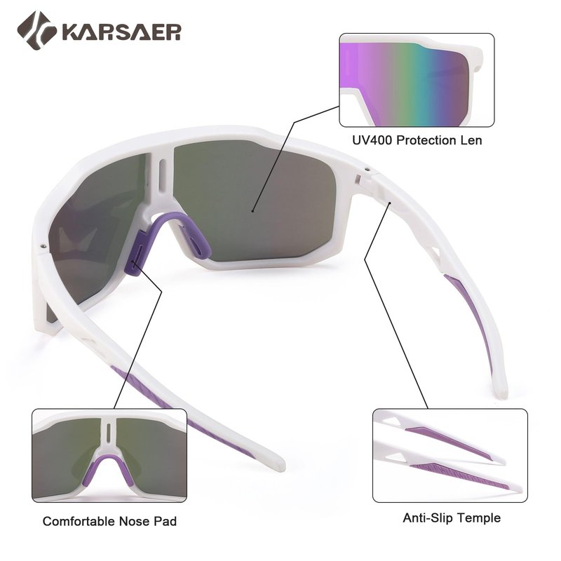 Karsaer Vision Men Women Cycling Sunglasses Baseball Softball Running Sports glasses for Youth Adults Kids Teens Age 8-14, Big, White Frame /Purple Lens