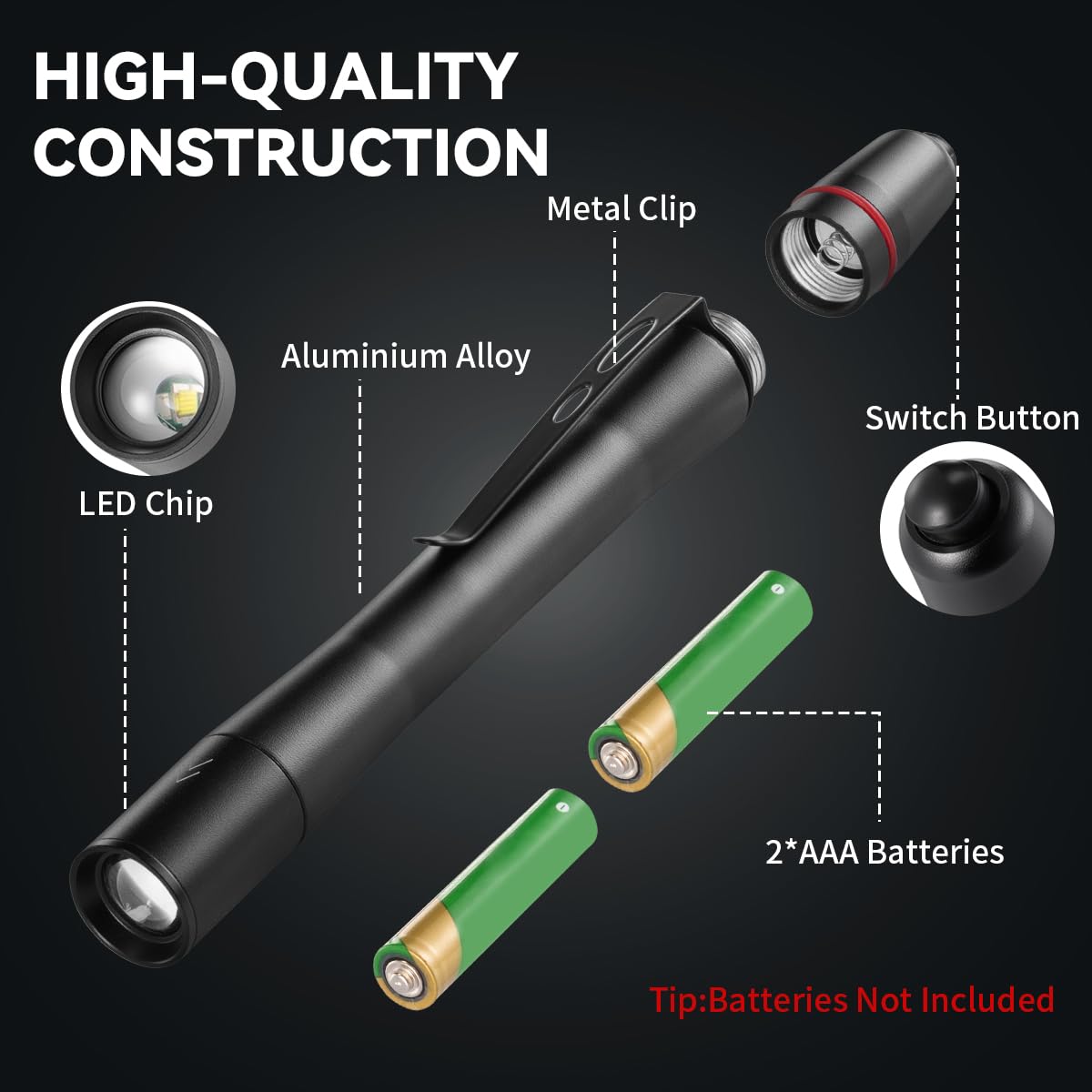3Pack Pen Flashlight, Pen Light Flashlights High Lumens, Small LED Flashlight, Adjustable Tactical Flash Light, Waterproof Pocket Flashlights with Clip, Aluminum Mini Lights for Inspection Emergency