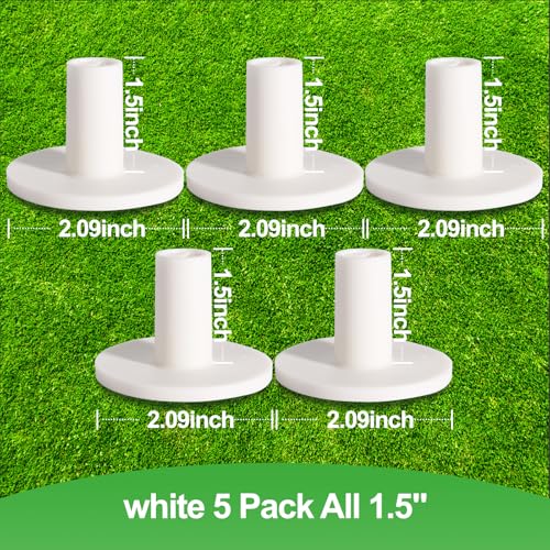 Adjustable Height Rubber Golf Tees for Indoor & Outdoor Practice - White 5 Pack, 1.5"