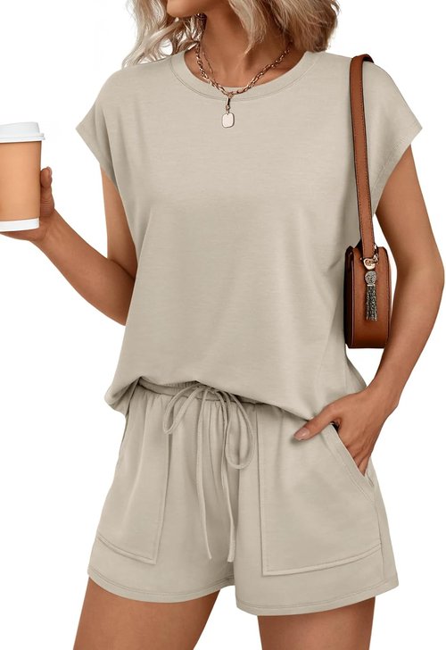 AUTOMET Women's Crew Neck Short Set - Cap Sleeve Summer Sweatsuit with Pocket | Stylish & Comfortable