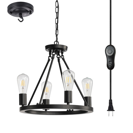 4-Light Plug in Chandelier with Dimming and Timer Switch,Black Wagon Wheel Round Metal Chandelier,Hanging Light with 16.5ft Cord,Modern Industrial outdoor light fixture for gazebo,Bedroom,Dining Room