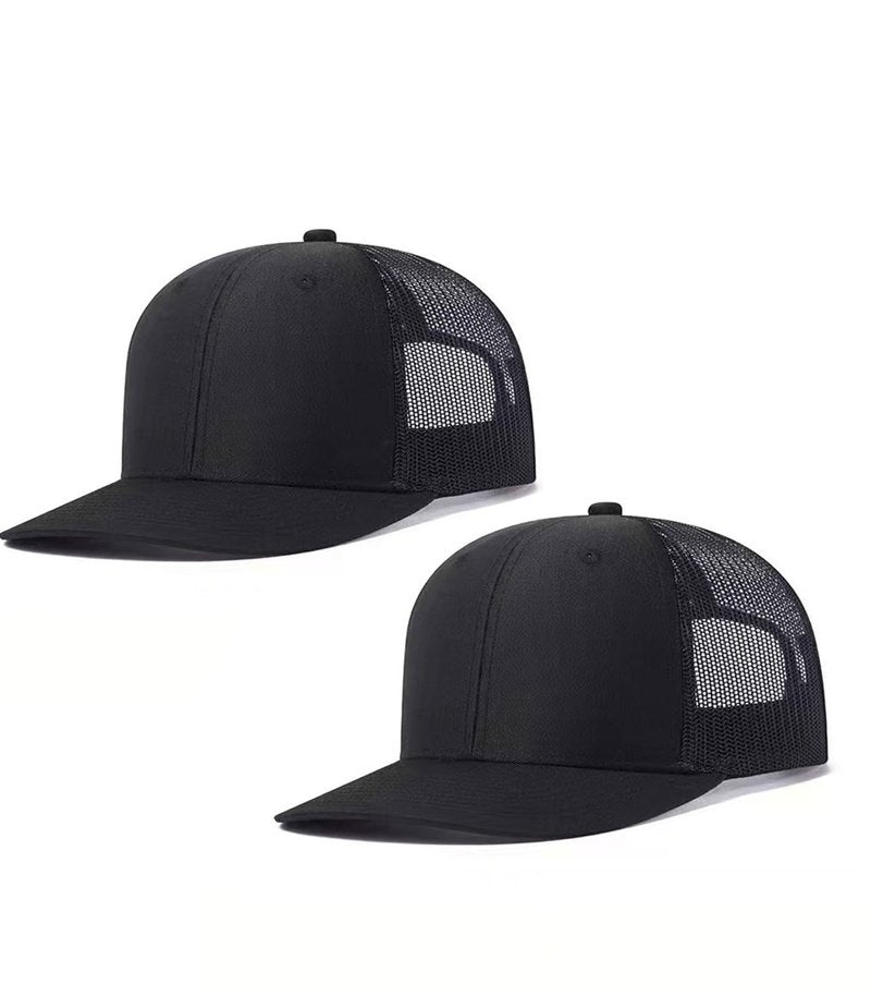Qoyupuza 2-Pack Breathable Mesh Snapback Trucker Hats, Adjustable Baseball Caps for Men Women, Black & Black