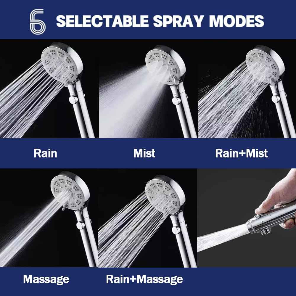 High Pressure Shower Head with ON/Off Pause Switch Button, 5 Mode Handheld Shower Head with Hose and Adjustable Bracket, Chrome, Easy to Wash Hair, Kid Bath, Pet Bath