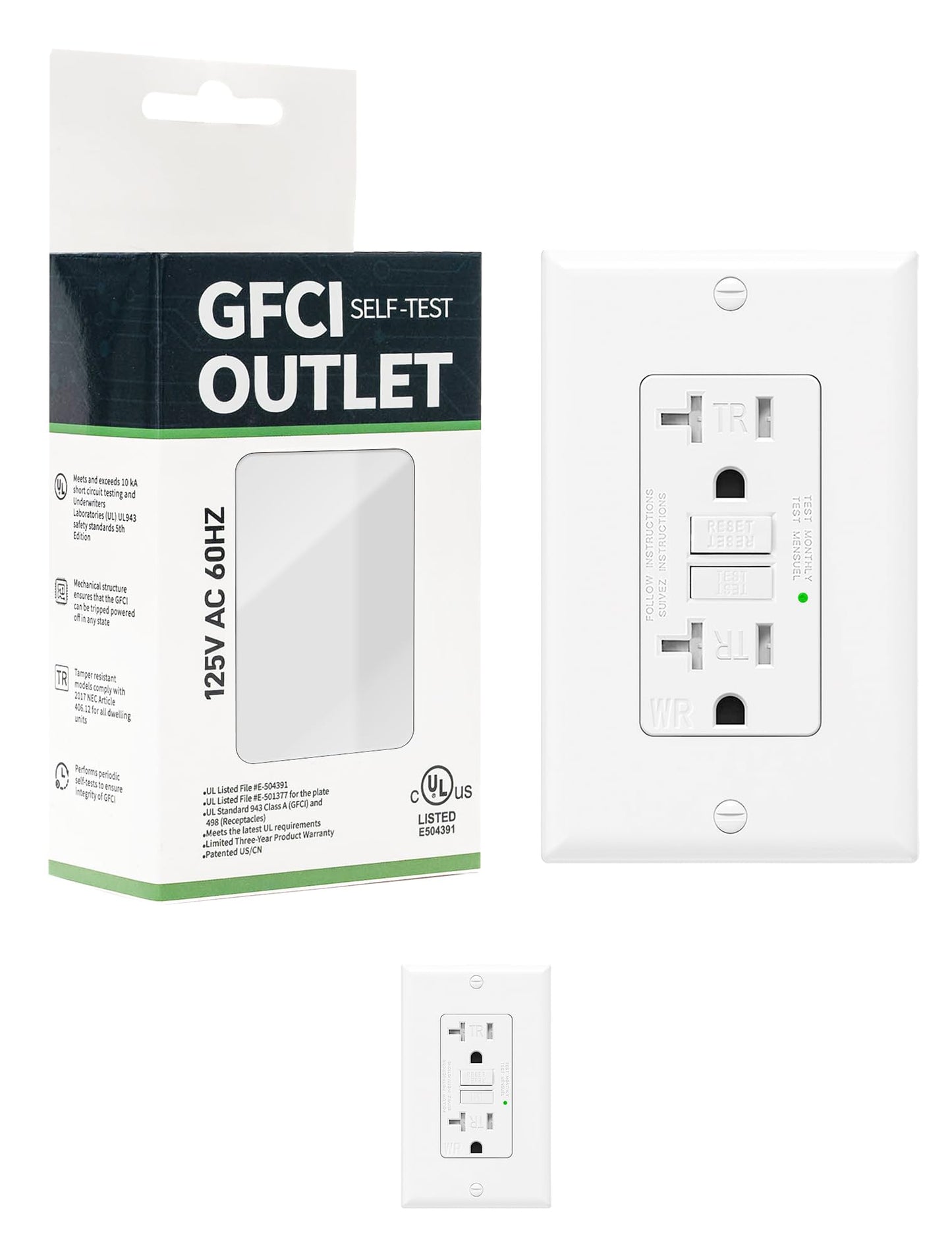 2-Pack 20 Amp GFI Electrical GFCI Outlet Self-Test Tamper Resistant (TR) Weather Resistant (WR) Ground Fault Receptacle with LED Indicator UL Listed Standard Wall Plate Included White
