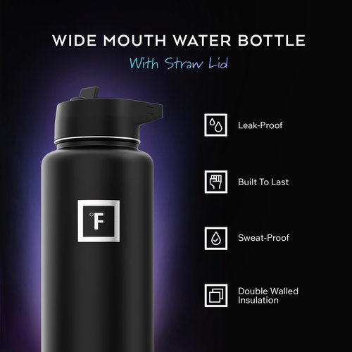 IRON °FLASK Camping & Hiking Hydration Flask with Straw, Wide Mouth Insulated Stainless Steel Sports Water Bottle - Dark Pine 40 oz - Straw (1 Lid)