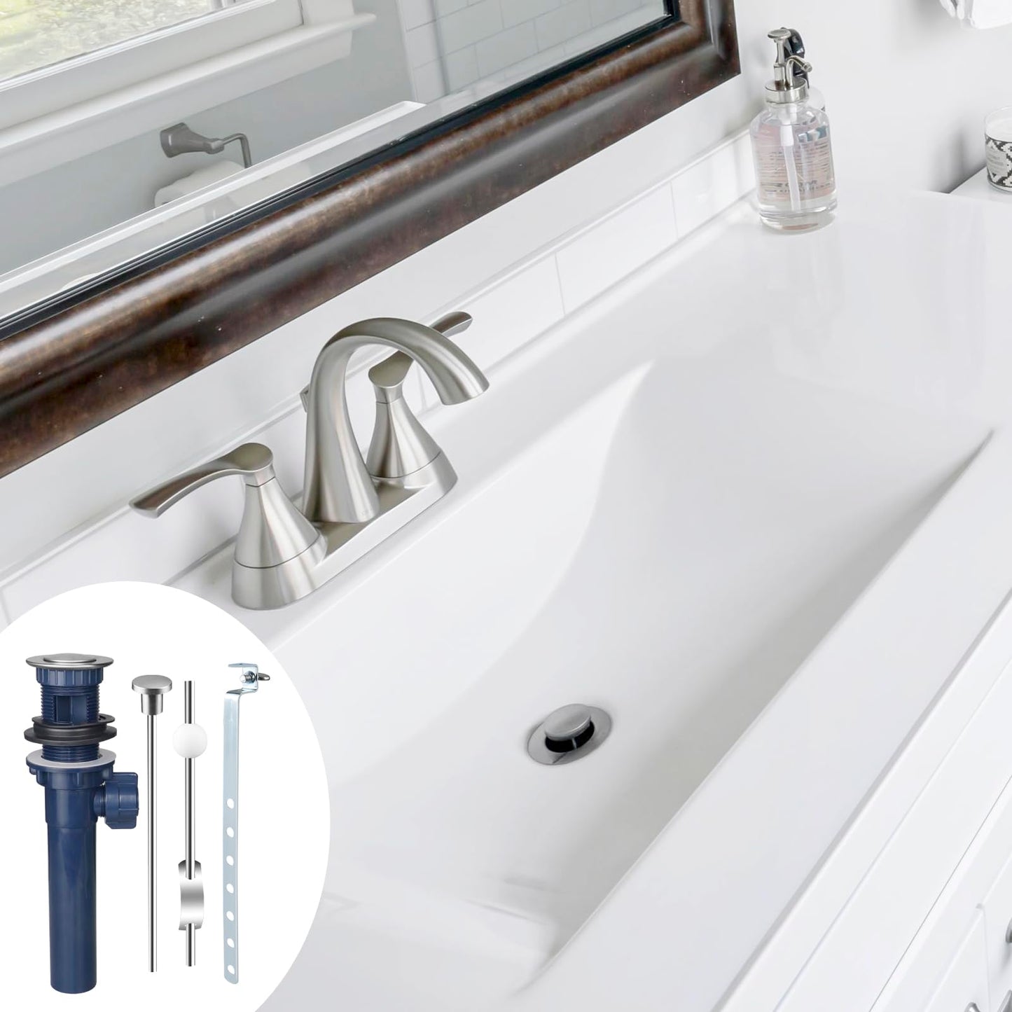 Bathroom Sink Drain with Lift Rod, Pop up Sink Drain Stopper with Lift Rod, Universal Sink Drain Stopper with Overflow, for Bathroom Vanity Sink, Lavatory, Fit Most Drains (Brushed Nickel