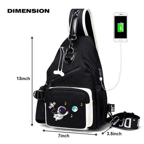 FEWOFJ Sling Bag for Boys with USB, Small Chest Pack with Side Pocket, Travel Shoulder Backpack(Astronaut)