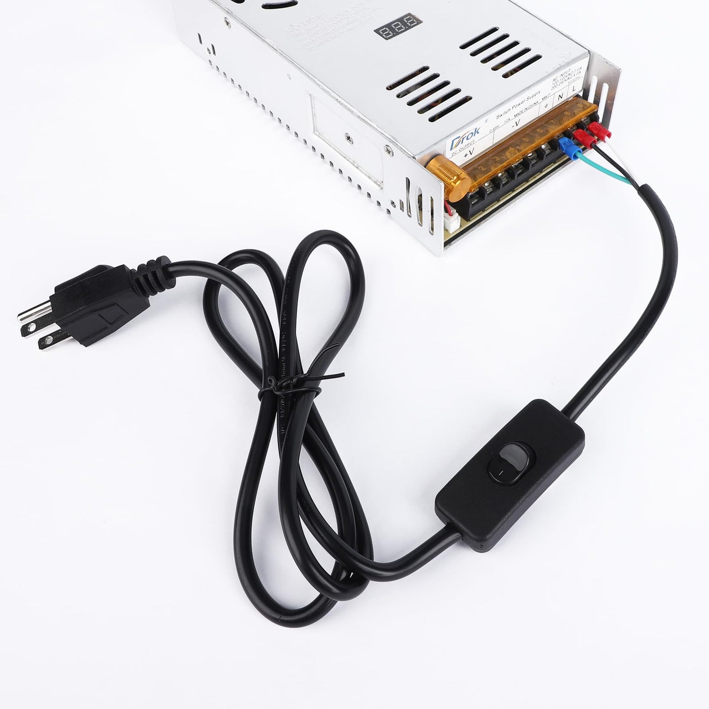 DROK 4FT Power Cable 3 Prong Grounding Plug, AC Power Cord Extension Cord with Switch On/Off and Fork Terminal Connectors, AC/DC Adapter 18 AWG for Electrical Testing, AC to DC Converter 110V to 12V