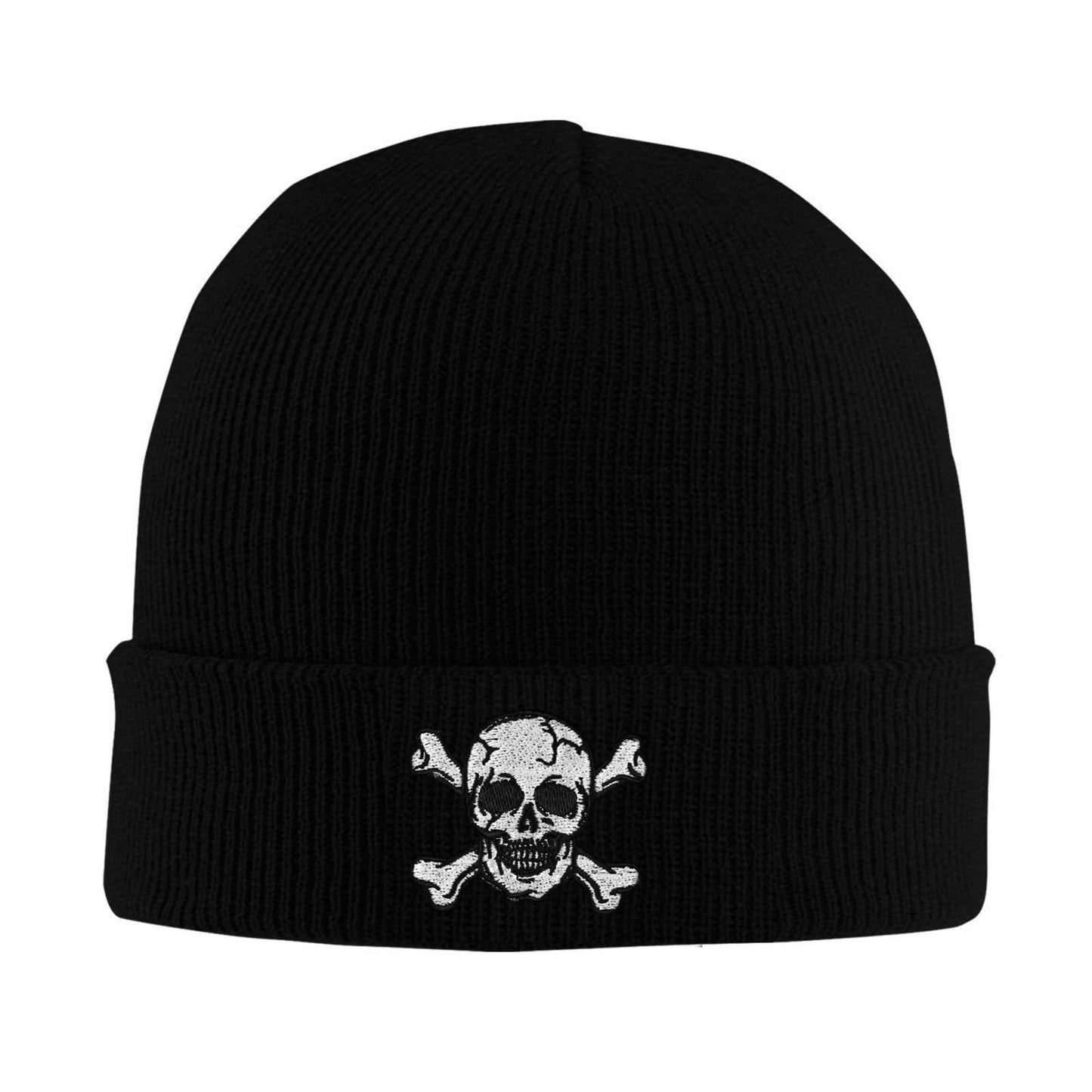 Vxchkerm Skeleton Beanie Hats for Men Women, Funny Halloween Knitted Cuffed Crossbones Cap, Warm Soft Stretchy Embroidered Skull Beanies Winter Hat Black