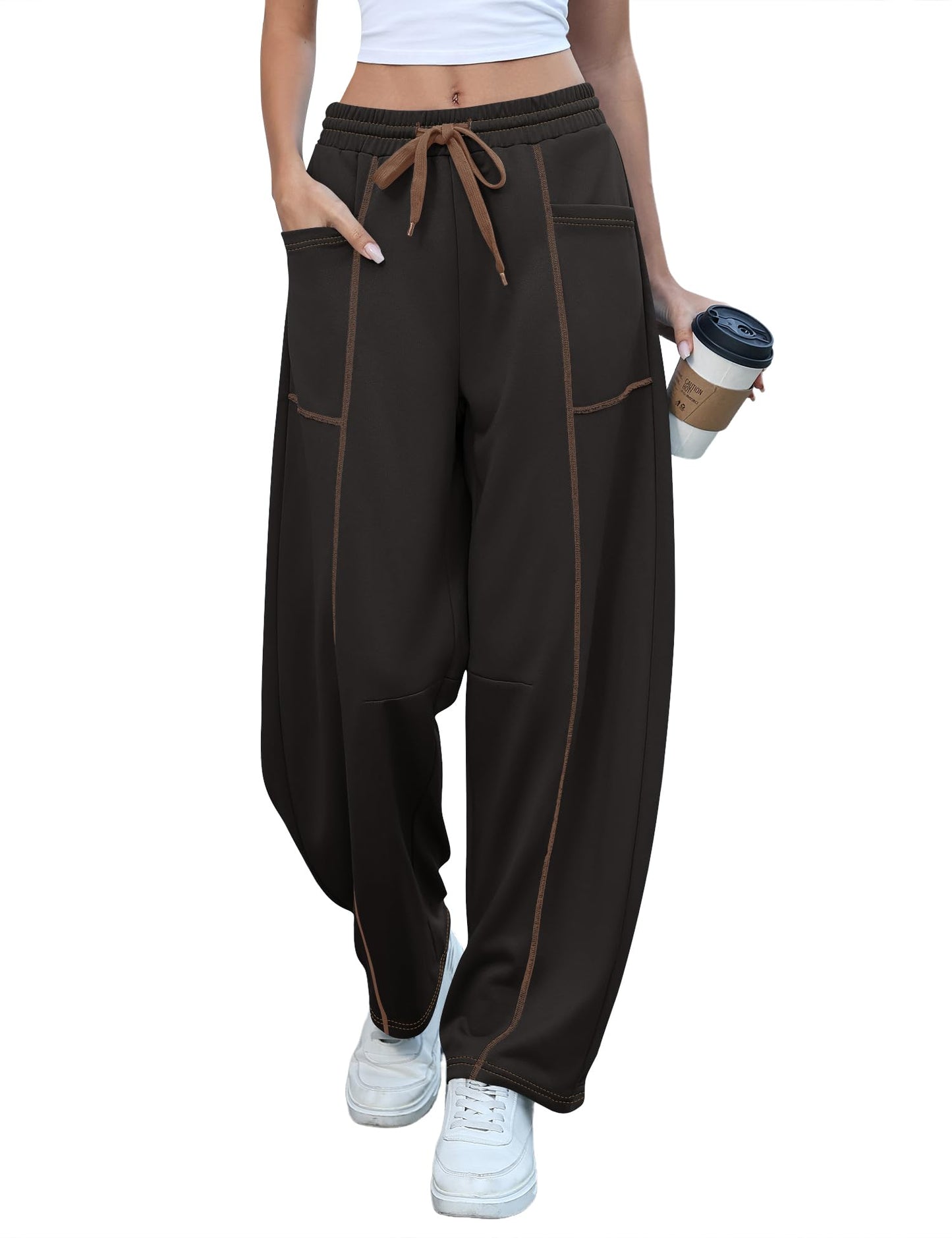 Rapbin Black Barrel Baggy Pants for Women Wide Leg Lounge Sweatpants 2026 Spring Fashion Outfits with Pockets L