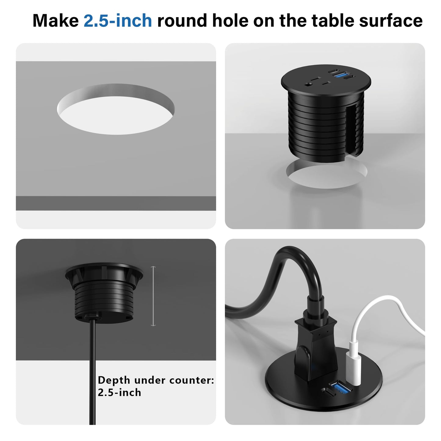 2.5 inch Power Grommet,20W USB-C Charging,1 Outlet with 2 USB C,1 USB Port,Furniture Flush Mount for Desktop,Recessed Power Strip,Workspace Essential Desk Outlet (Black, 6 FT)