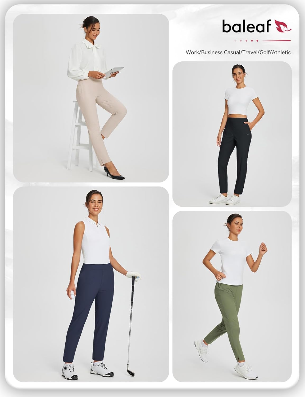 Baleaf Women's Stretch Travel Pants - Dressy Slacks with Zipper Pockets for Work & Golf | Comfortable Fit