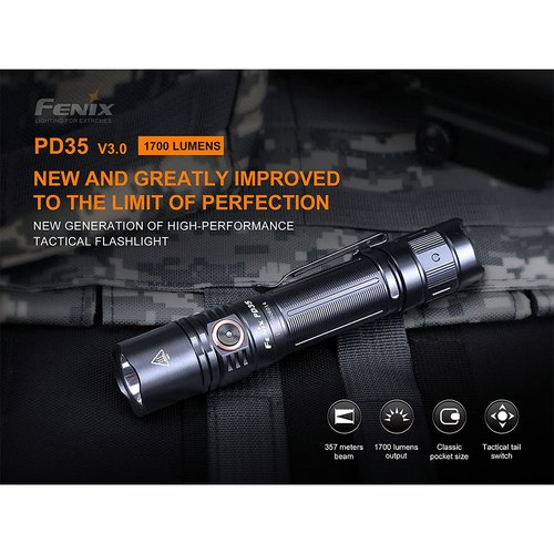 Fenix PD35 v3.0 Rechargeable Tactical Flashlight, 1700 Lumens EDC with Organizer (Black)