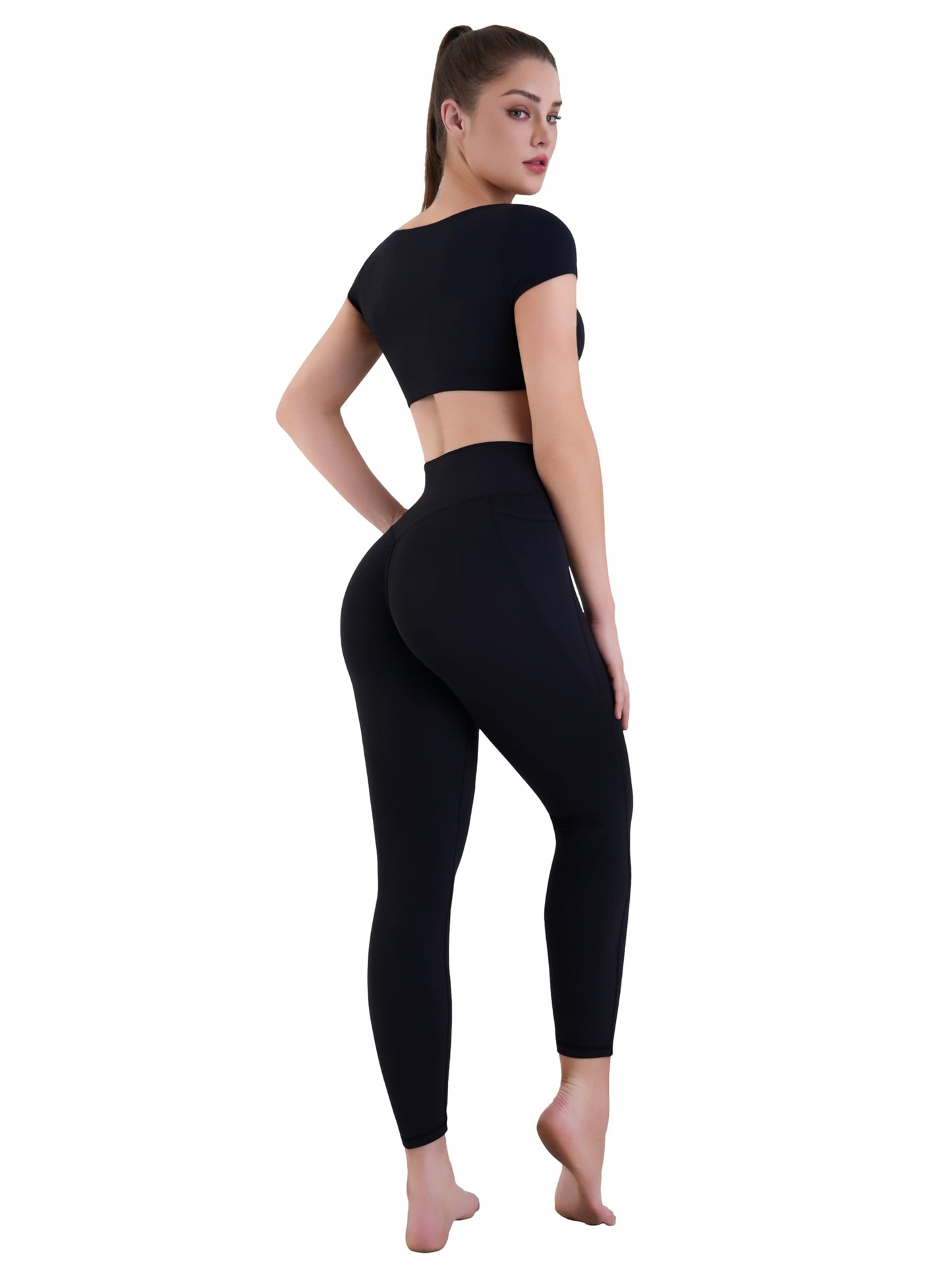 Sunzel Sustainable High Waisted Butt Lifting Leggings with Pockets for Women, No Front Seam Tummy Control Workout Yoga Pants 25" Black Medium