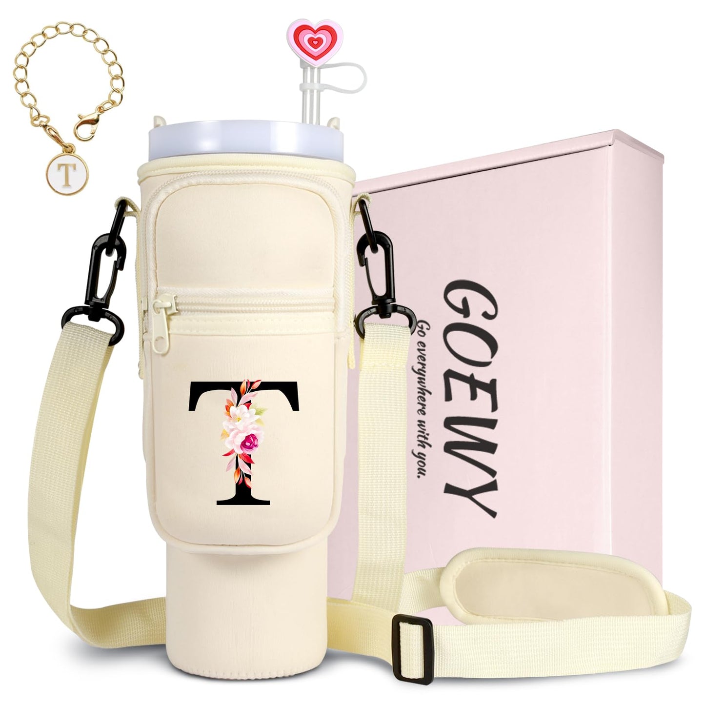 GOEWY Water Bottle Carrier Bag for Stanley 30 oz Tumbler with Handle Neoprene Water Bottle Holder Pouch Stanley Cup Accessories Gift Set with 1 Straw Cover & 1 Letter Charm J