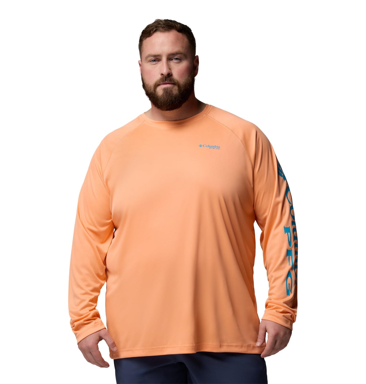 Columbia Men's PFG Terminal Tackle Long Sleeve Fishing Shirt, Bright Nectar/Ocean Teal Logo, Large