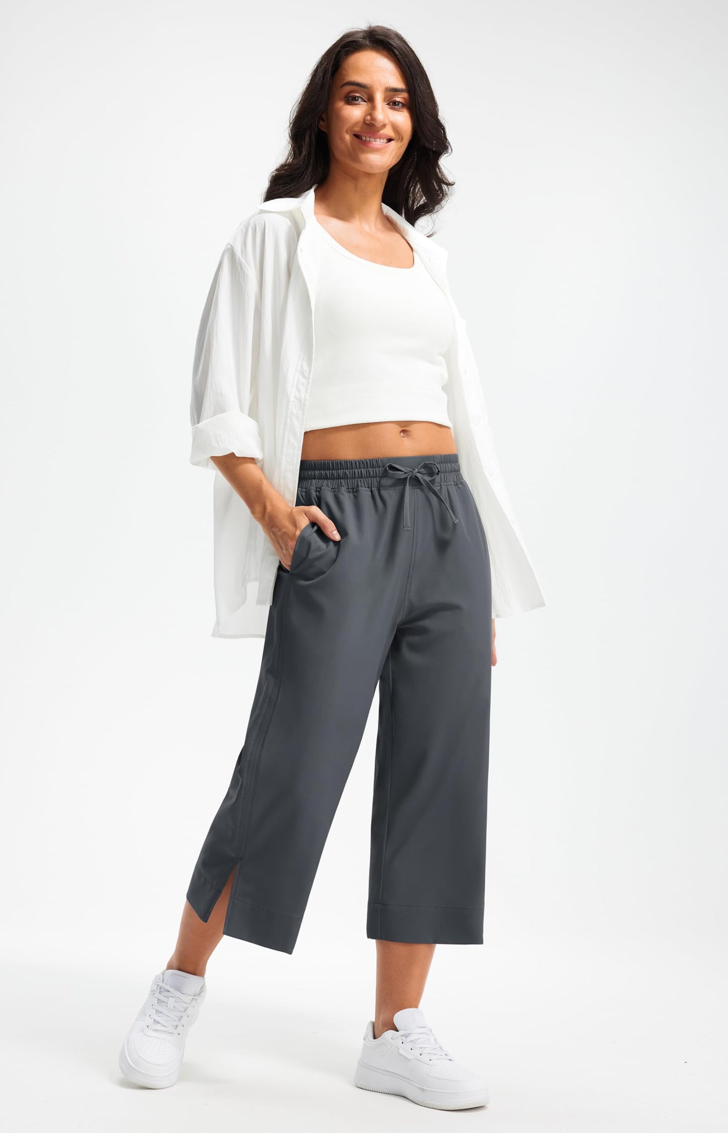 Libin Lightweight Capri Pants for Women Wide Leg Beach Pants, Dark Grey L