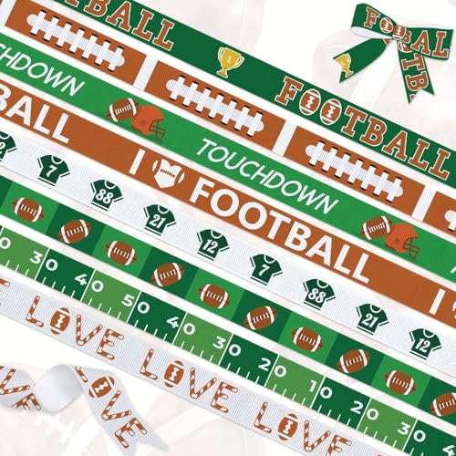 Football Ribbon Set - 8 Pack Grosgrain Ribbons for Gift Wrapping, Party Decorations, DIY Crafts - 3/8 Inch x 3 Yards Each - Football Style
