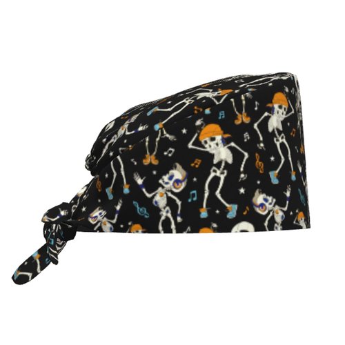 Dancing Skull Skeleton Music Adjustable Working Cap Breathable Unisex Women Men Elastic Bandage Tie Back Hats Scrub Nursing Doctor Surgeon Cap