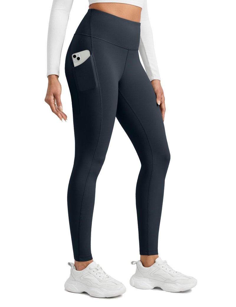 CRZ YOGA Water-Resistant Fleece Athletic Leggings Pockets 28" - Matte Thermal Hiking Casual Workout Womens Pants True Navy Medium