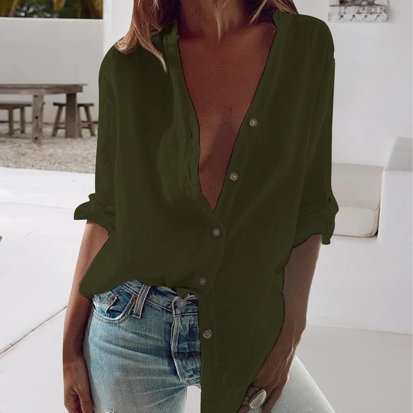 Skiennix Women's Cotton Button-Down Tunic Top - Casual Half Sleeve V-Neck Shirt for Summer