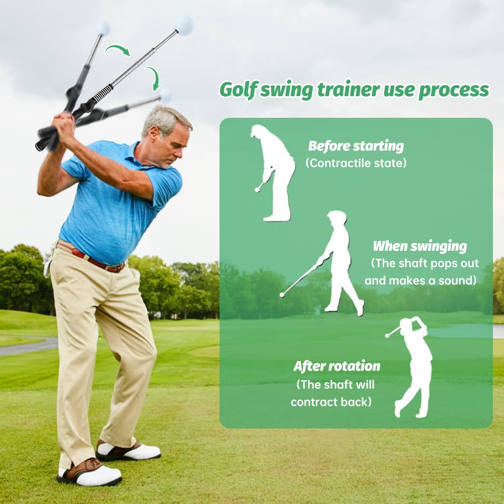 NINEFOX Retractable Golf Swing Trainer for Right-Handed Players, Tempo Stick with Click Feedback, 14.96–27.95 in, Includes Arm Band and Grip Trainer, Indoor Outdoor Warm-Up Practice, Black