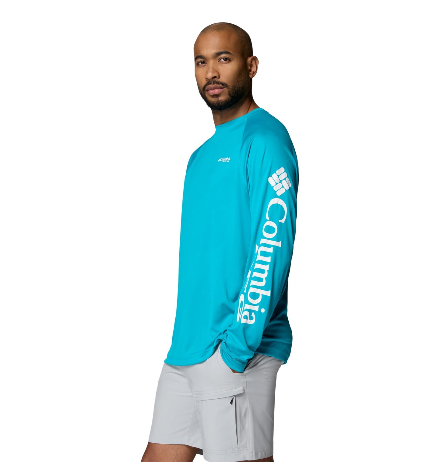 Columbia Men's PFG Terminal Tackle Long Sleeve Fishing Shirt, Ocean Teal/White Logo, Large