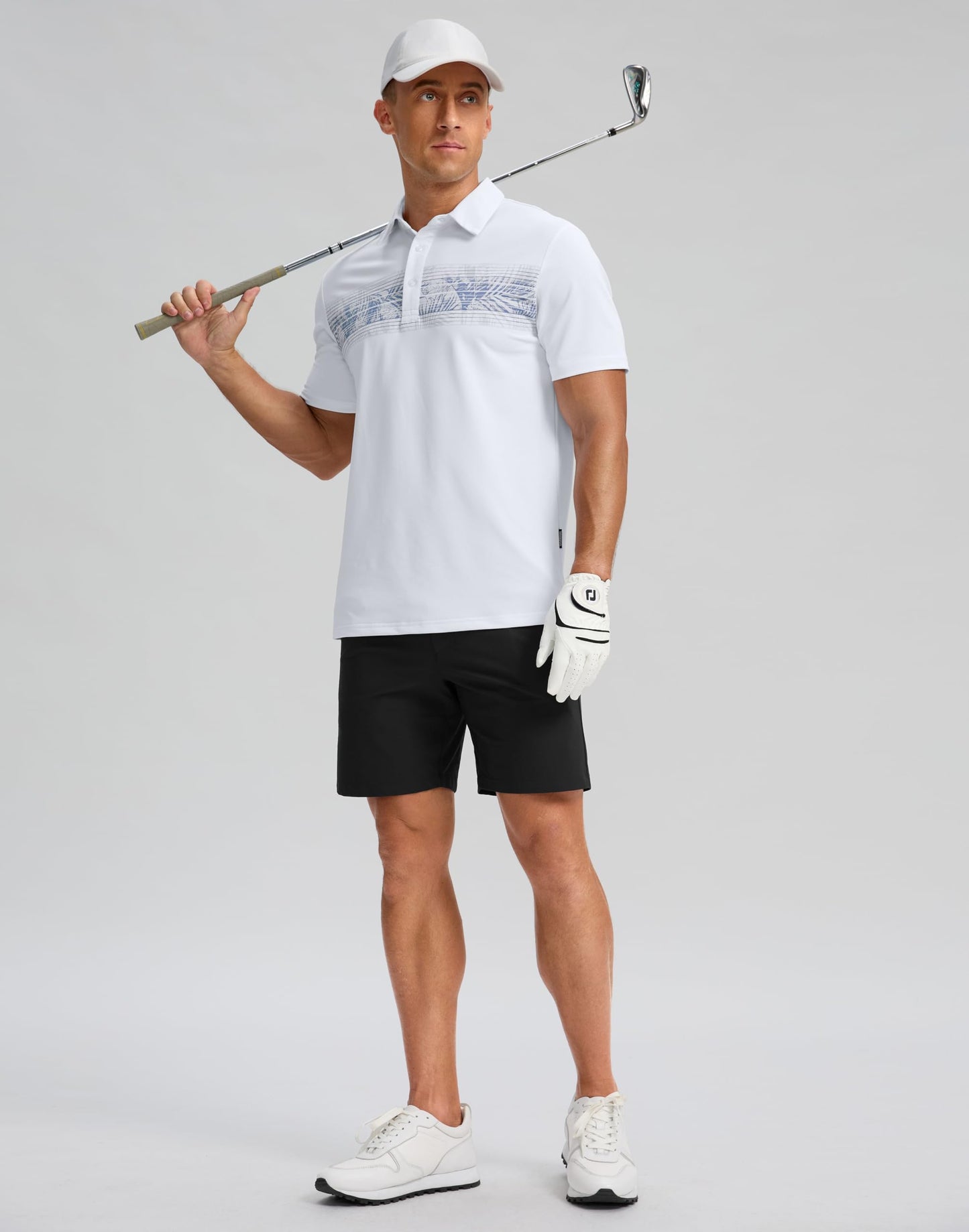 Men's Golf Shirts Dry Fit Moisture Wicking Performance Short Sleeve Collared Polo Shirts for Casual Tennis Bussiness (White Leaves, XL)