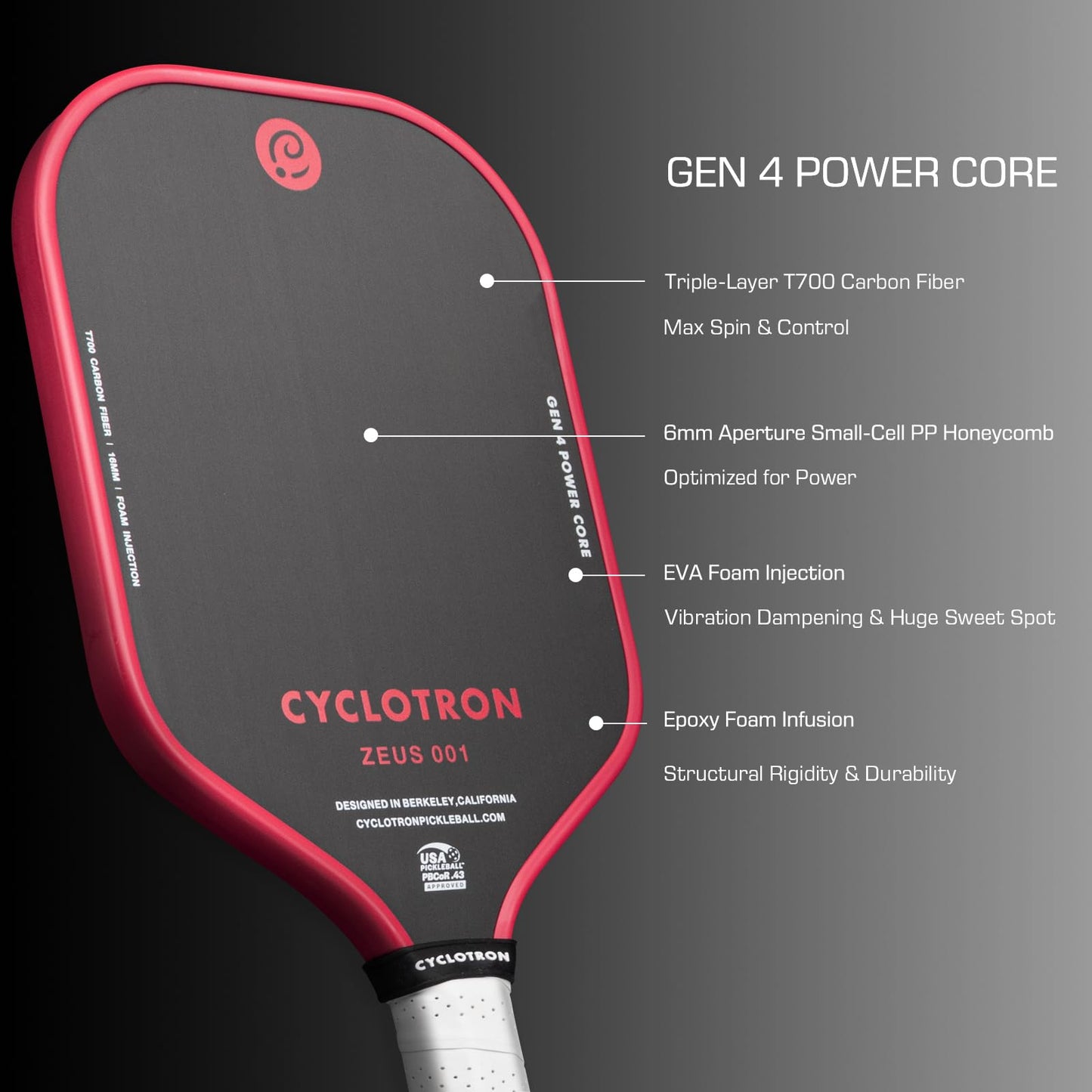 CYCLOTRON ZEUS001 Pickleball Paddle – 16.47” Elongated Shape - GEN4 Polypropylene Core, 3-Layer T700 Carbon Fiber Face - 16mm, Includes Paddle Cover