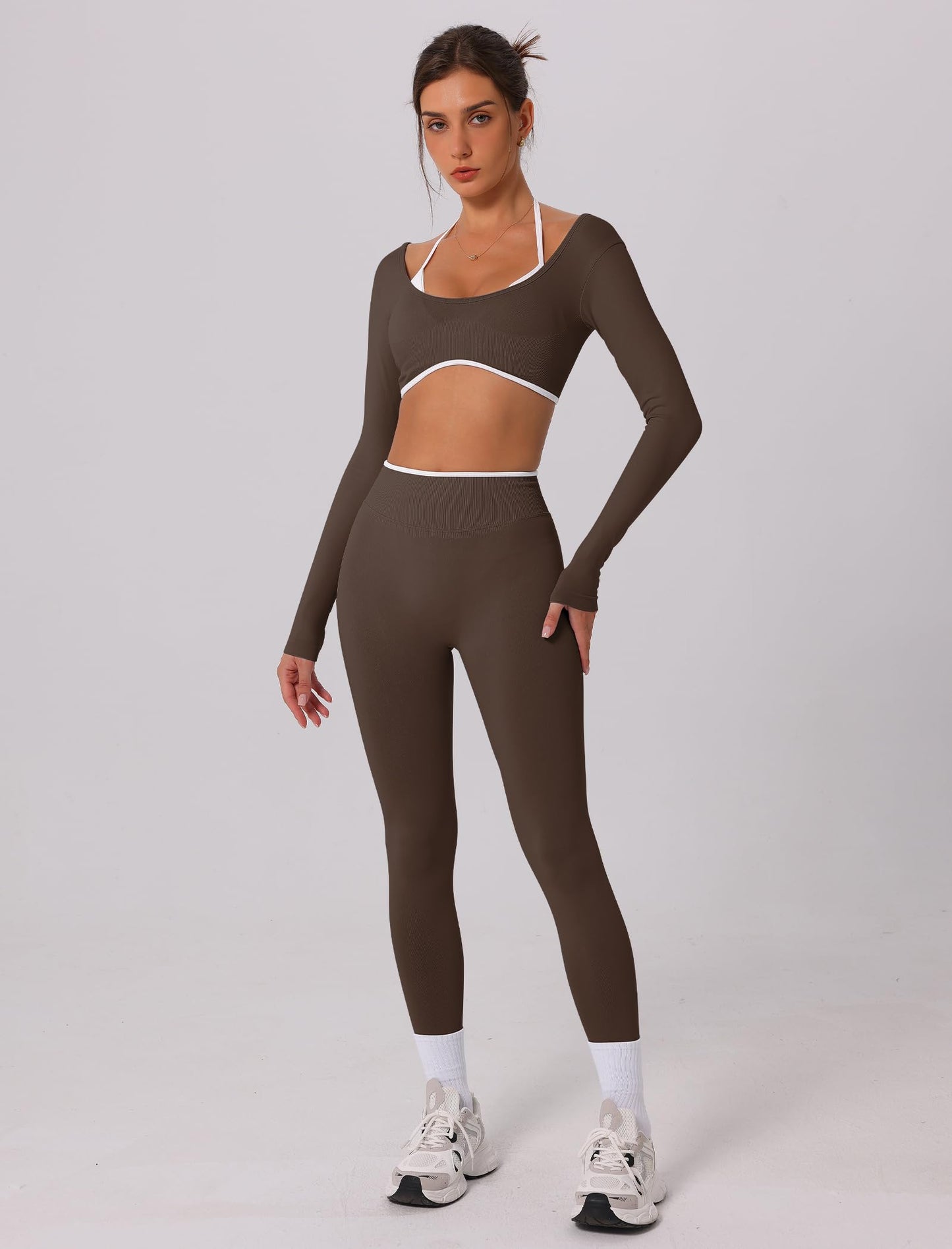 ABOCIW Long Sleeve Workout Sets for Women 2 Piece Seamless Color Block Backless Cropped Top Scrunch Butt Lifting High Waist Leggings Gym Set Yoga Pilates Outfits Coffee Small