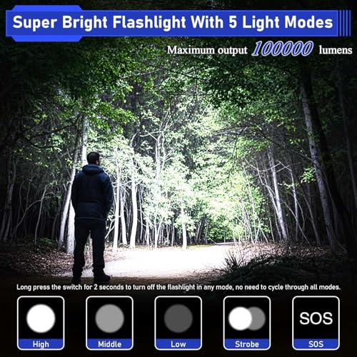 JAY-PARK 100000 Lumen Rechargeable LED Flashlight Black, 5000mAh Battery, Waterproof