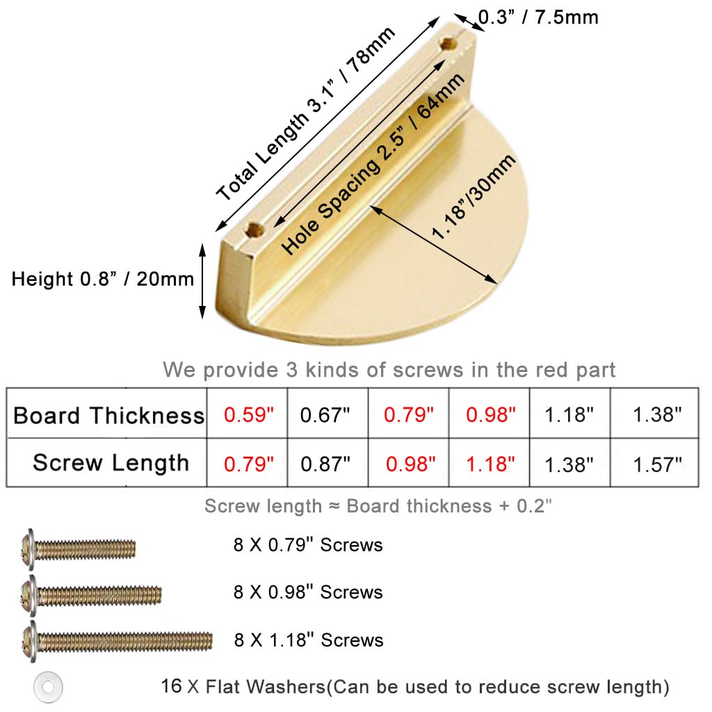 ESreake Half Moon Cabinet Pulls Handles,4 Pack 2.52" Hole Spacing Semicircle Drawer Pulls, Finger Pulls Edge Pulls Handles for Kitchen Cabinets with 3 Kinds Screws (4 Pack, Gold)