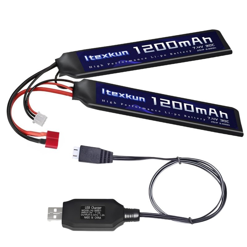 Itexkun Airsoft Lipo Battery 7.4V 1200mAh 30C T Plug Rechargeable High Discharge Rate Lipo Battery with Charger for Airsoft Model Guns