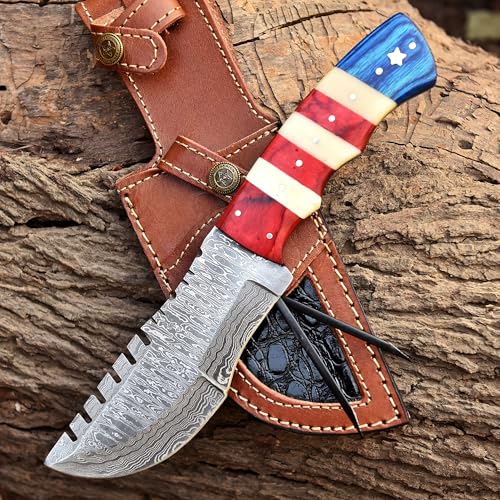 Damascus Steel Fixed Blade Hunting Knife with Leather Sheath - Tactical Survival Bushcraft Knife for Men