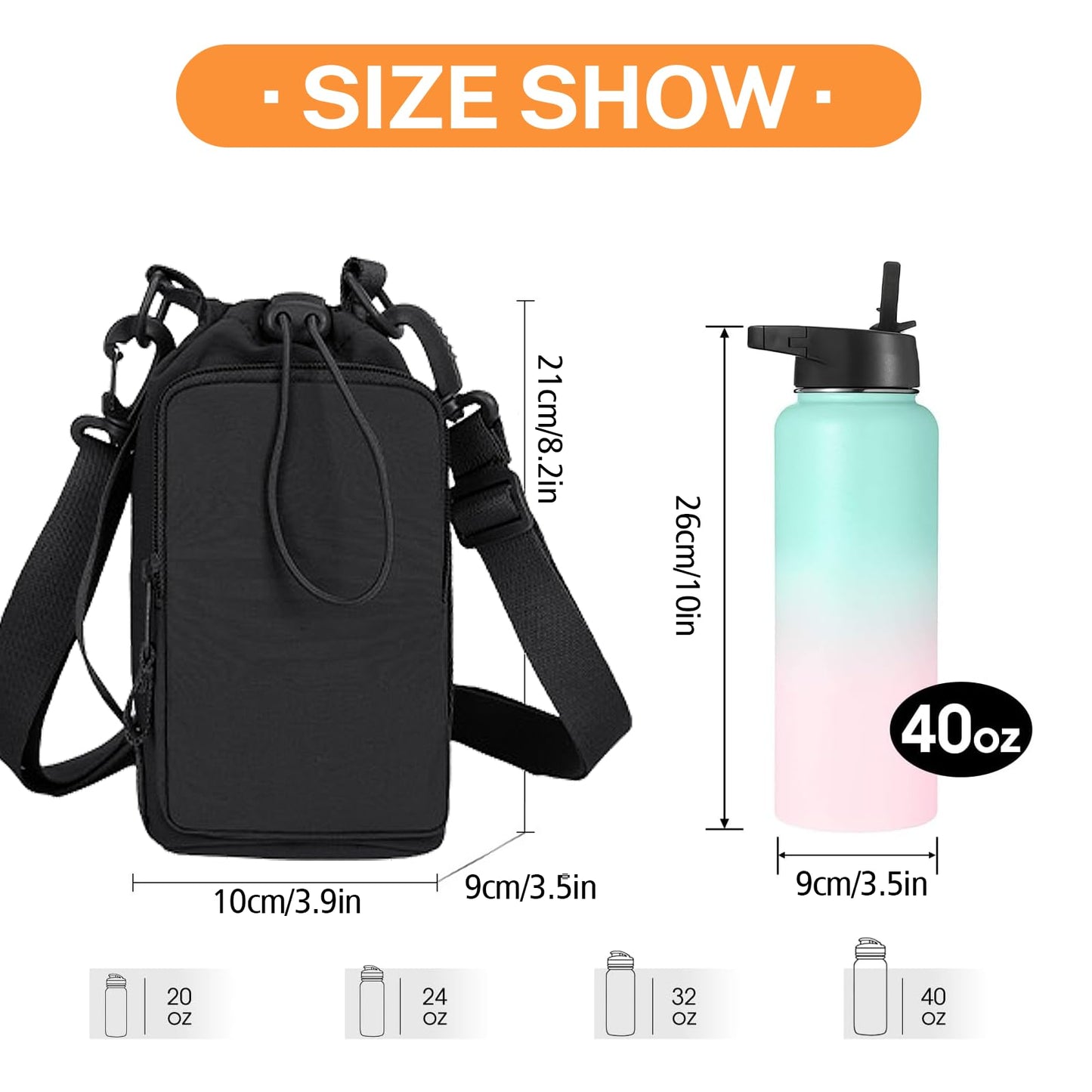 Water Bottle Holder with Phone Pocket for 40/32 oz,Water Bottle Holder with Adjustable Shoulder Strap and Charm,Water Bottle Sleeve for Walking Hiking Camping Gym. (Black)