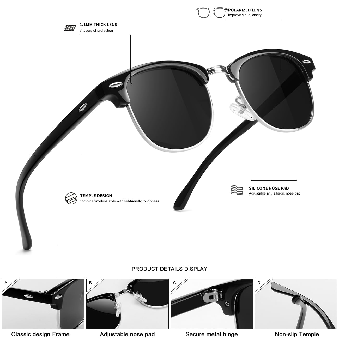 SEKKAF Kids Polarized Sunglasses for Boys Girls Retro Semi Rimless Frame Sun Glasses UV Protection Shades