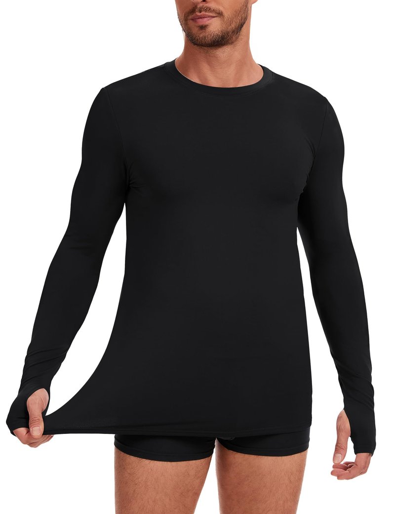 Tfovorlein Long Sleeve Undershirt for Men Thermal Underwear Shirts Fitted Fleece Lined Soft Warm Mens Running Basic Baselayer Winter Tops with Thumb Holes Black XL