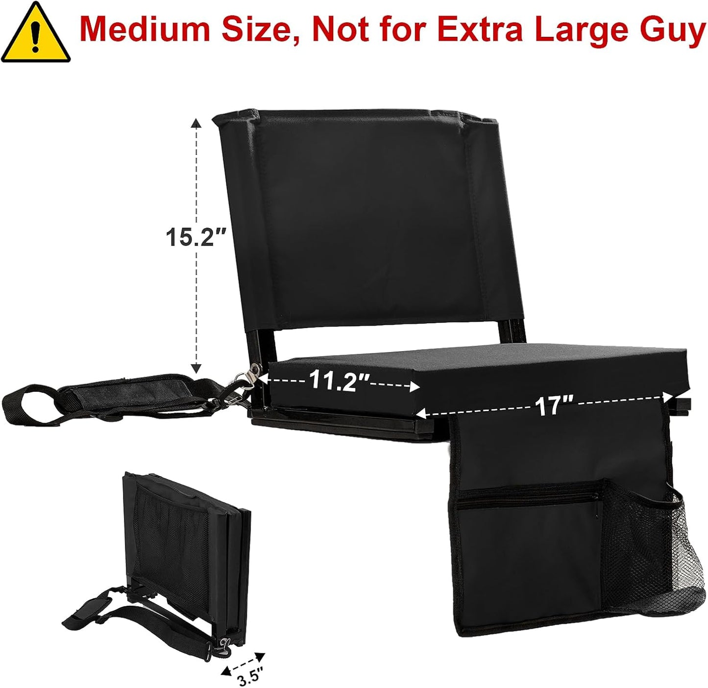 Skiennix Stadium Seat - Padded Bleacher Chair with Back Support, Shoulder Strap & 3 Mesh Pockets