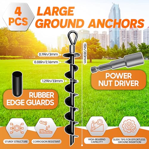 Heavy-Duty Ground Anchors Screw-in Set - 4 PCS with Power Nut Driver