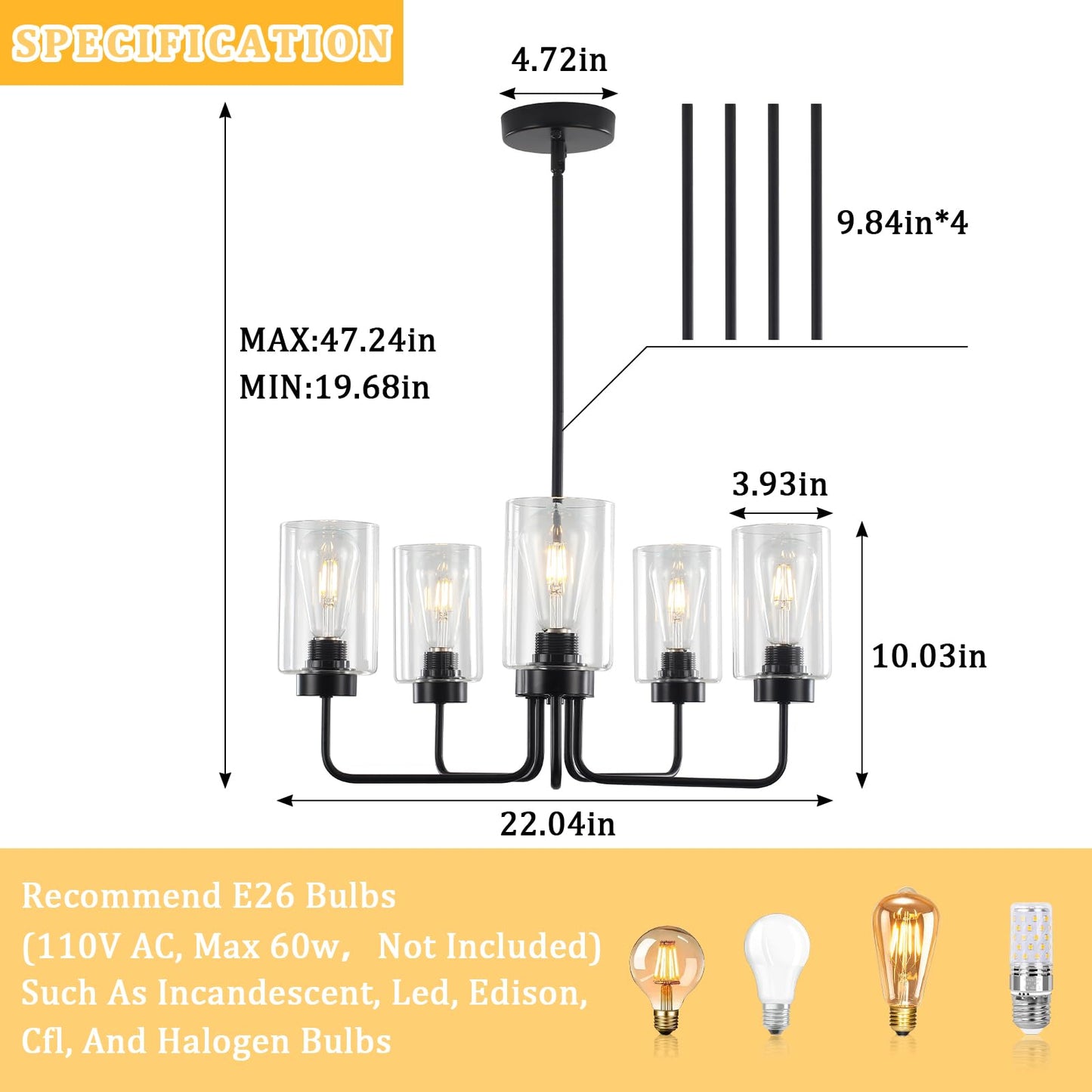 5-Light Modern Farmhouse Black Chandelier for Dining Room, 22" Industrial Pendant Light Fixture with Glass Shades, Adjustable Hanging Ceiling Lamp for Kitchen Island, Living Room, Bedroom, Foyer